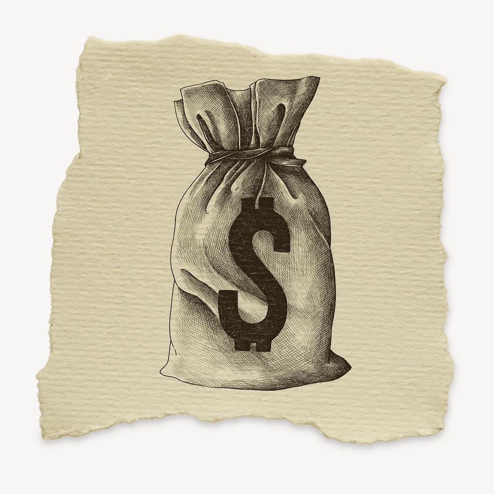 Money bag, ripped paper collage element psd