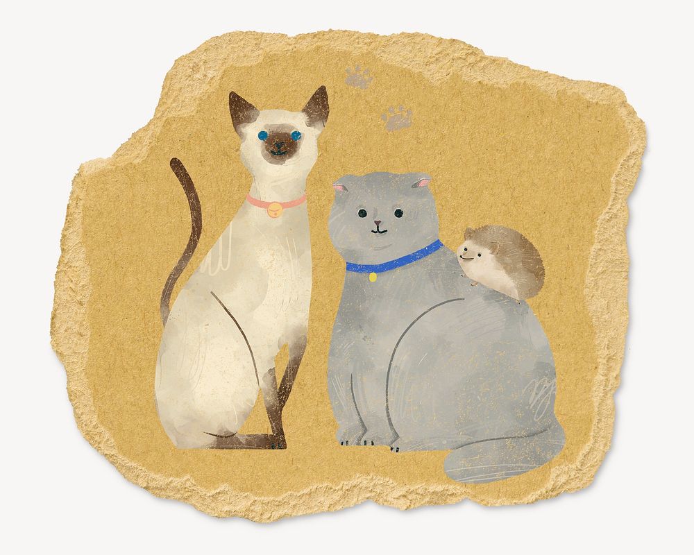 Cute cats illustration, ripped paper collage element