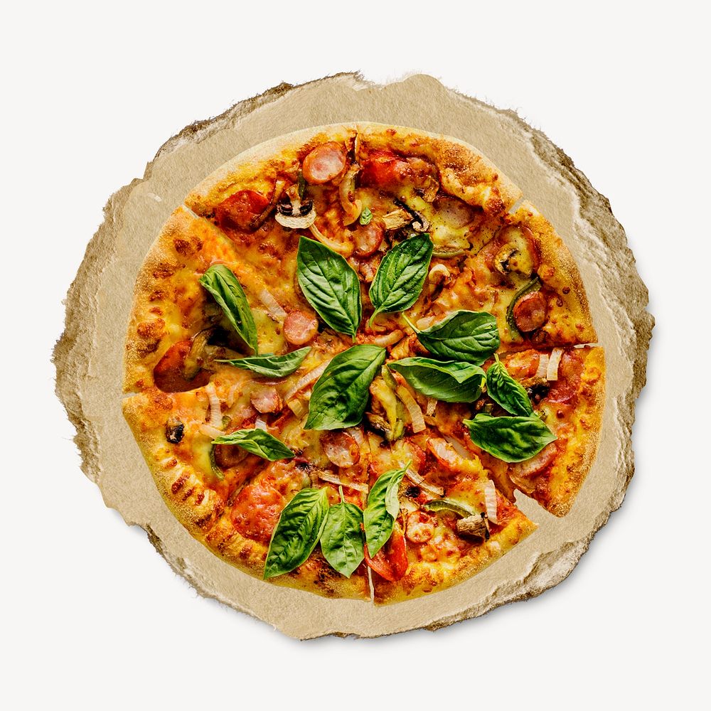Homemade pizza, ripped paper collage element psd