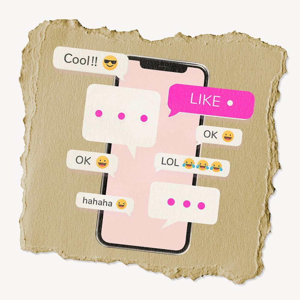 Smartphone chat screen, ripped paper collage element psd