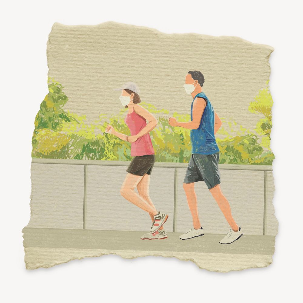 Couple running, ripped paper collage element