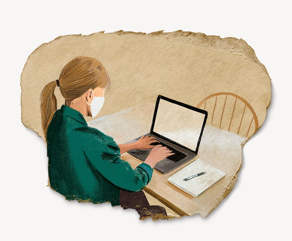 Woman working laptop, ripped paper collage element