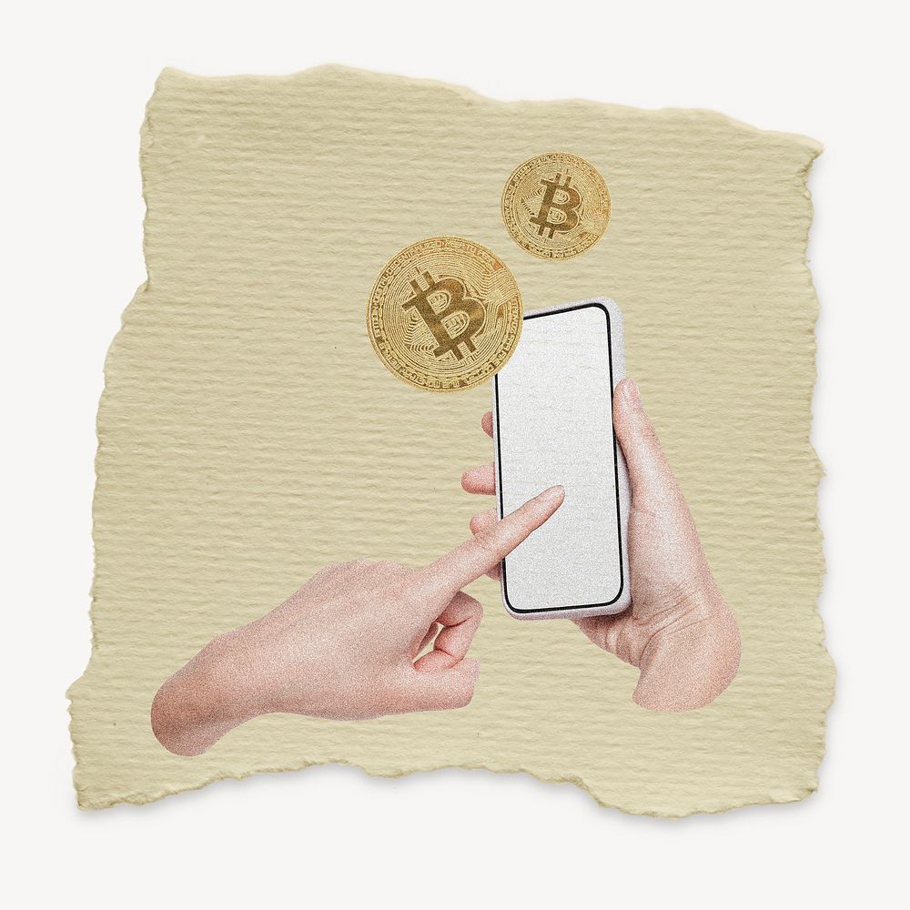 Bitcoin hand, ripped paper collage element