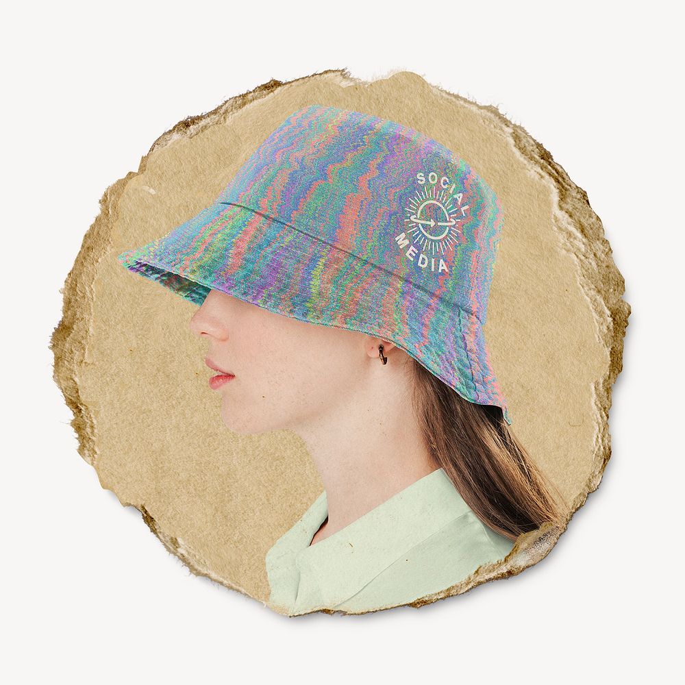Woman wearing bucket hat, ripped paper collage element