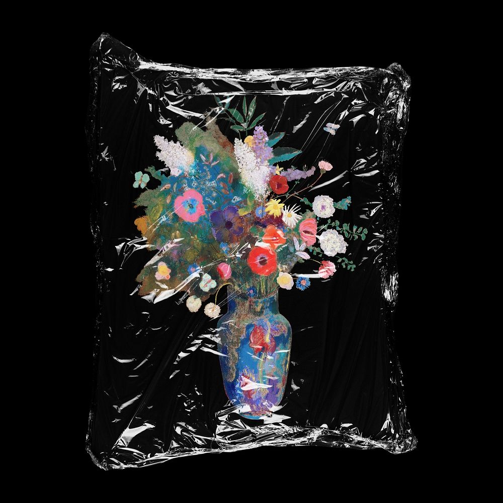 Flower vase in plastic bag, aesthetic creative concept art
