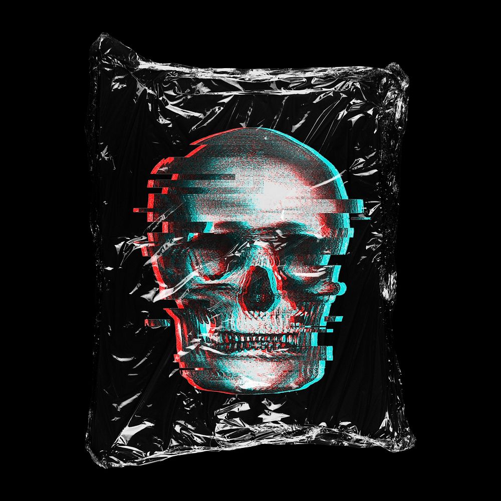Glitching skull in plastic bag, human error creative concept art