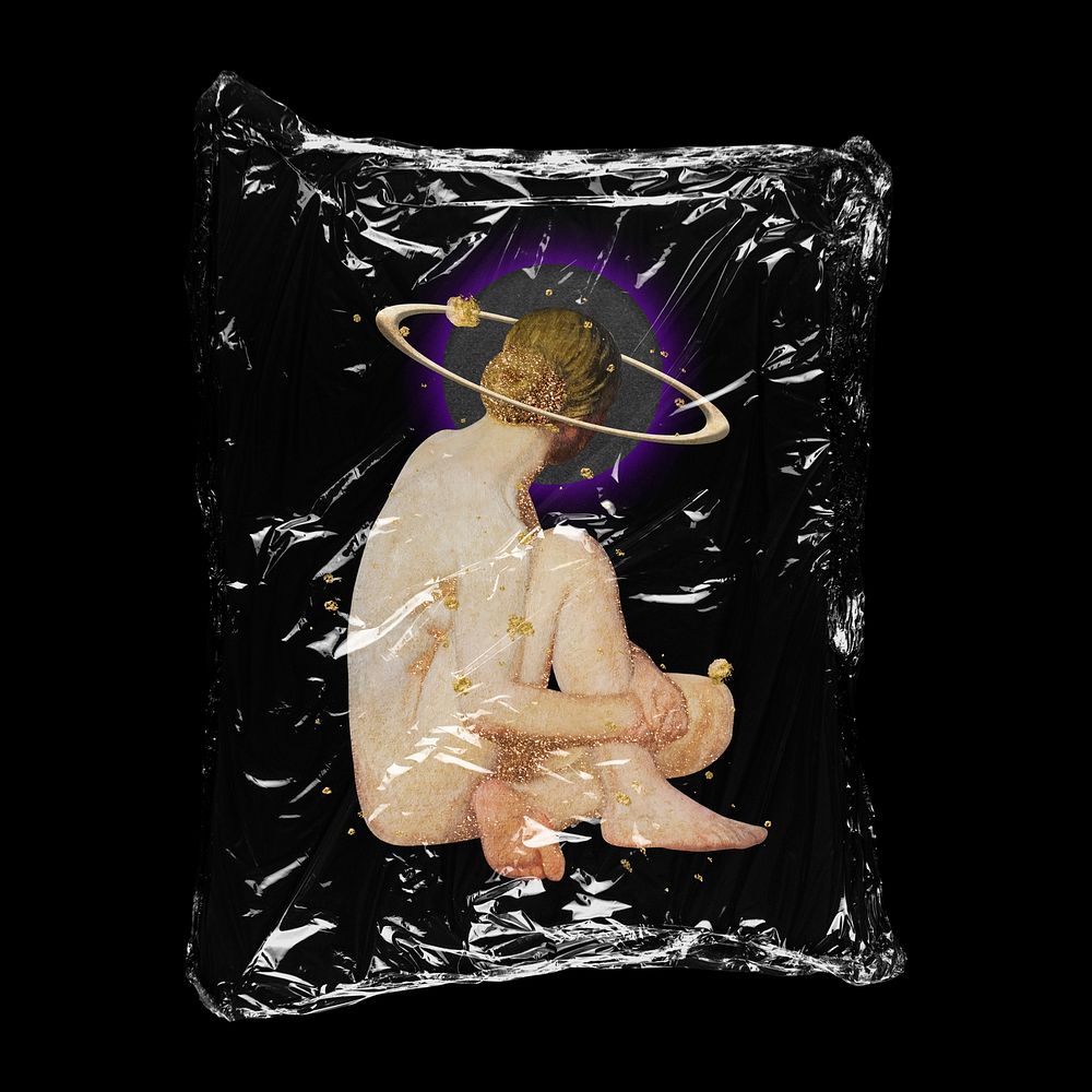 Naked woman with halo in plastic bag, aesthetic creative concept art
