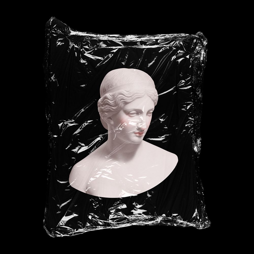 Greek goddess statue in plastic bag, mythology creative concept art