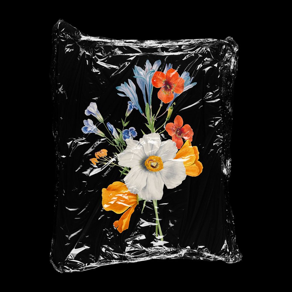 Colorful flower bouquet in plastic bag, Spring creative concept art