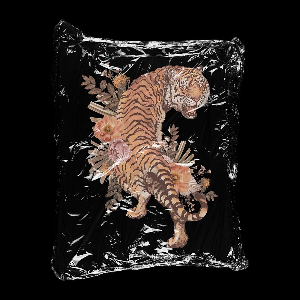 Floral tiger aesthetic in plastic bag, animal creative concept art