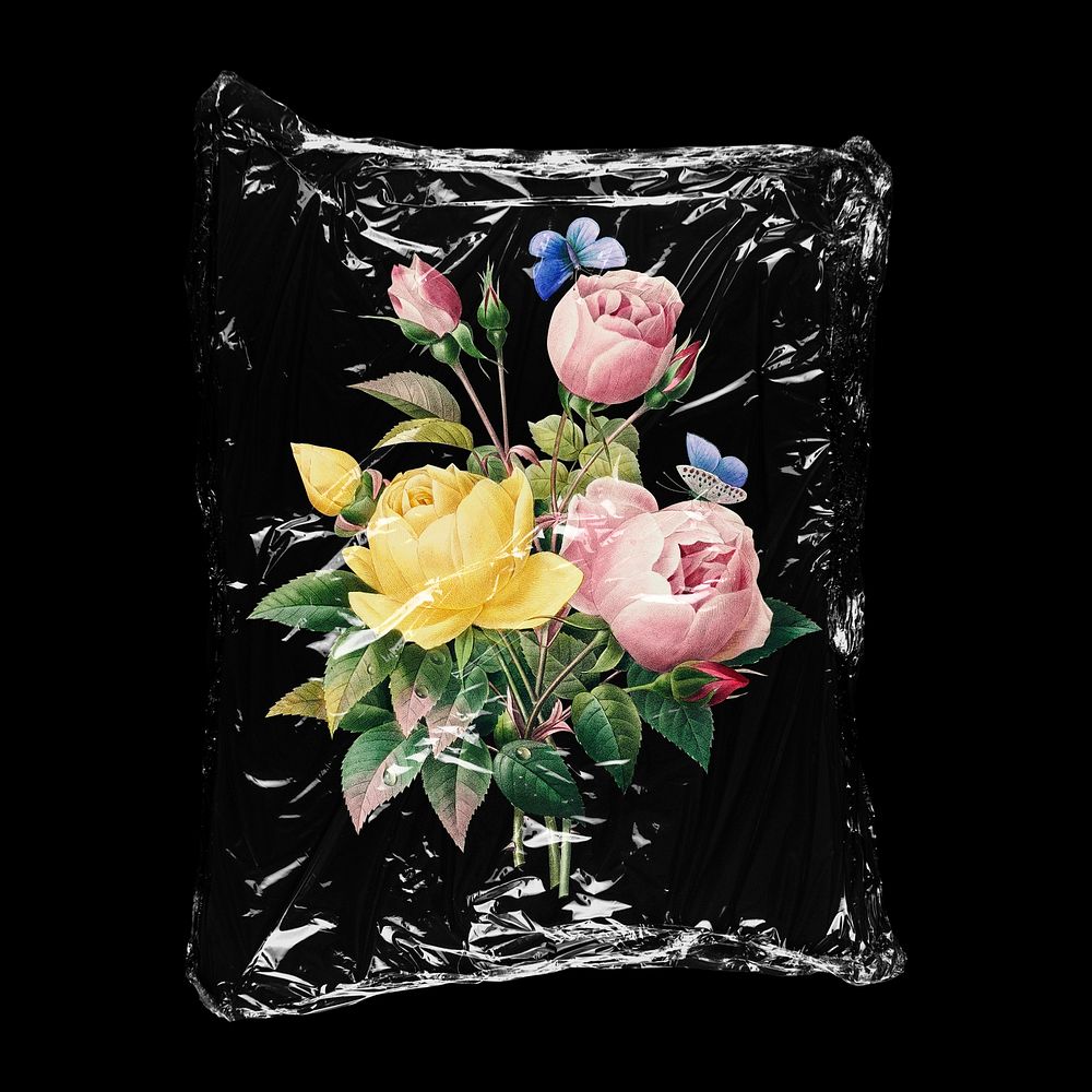 Rose flower bouquet in plastic bag, Spring creative concept art