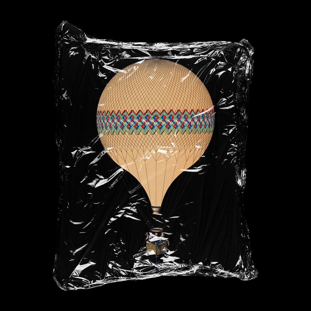 Hot air balloon in plastic bag, travel creative concept art