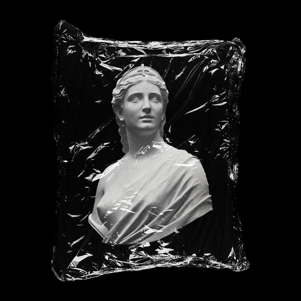 Artemis goddess statue in plastic bag, Greek mythology creative concept art