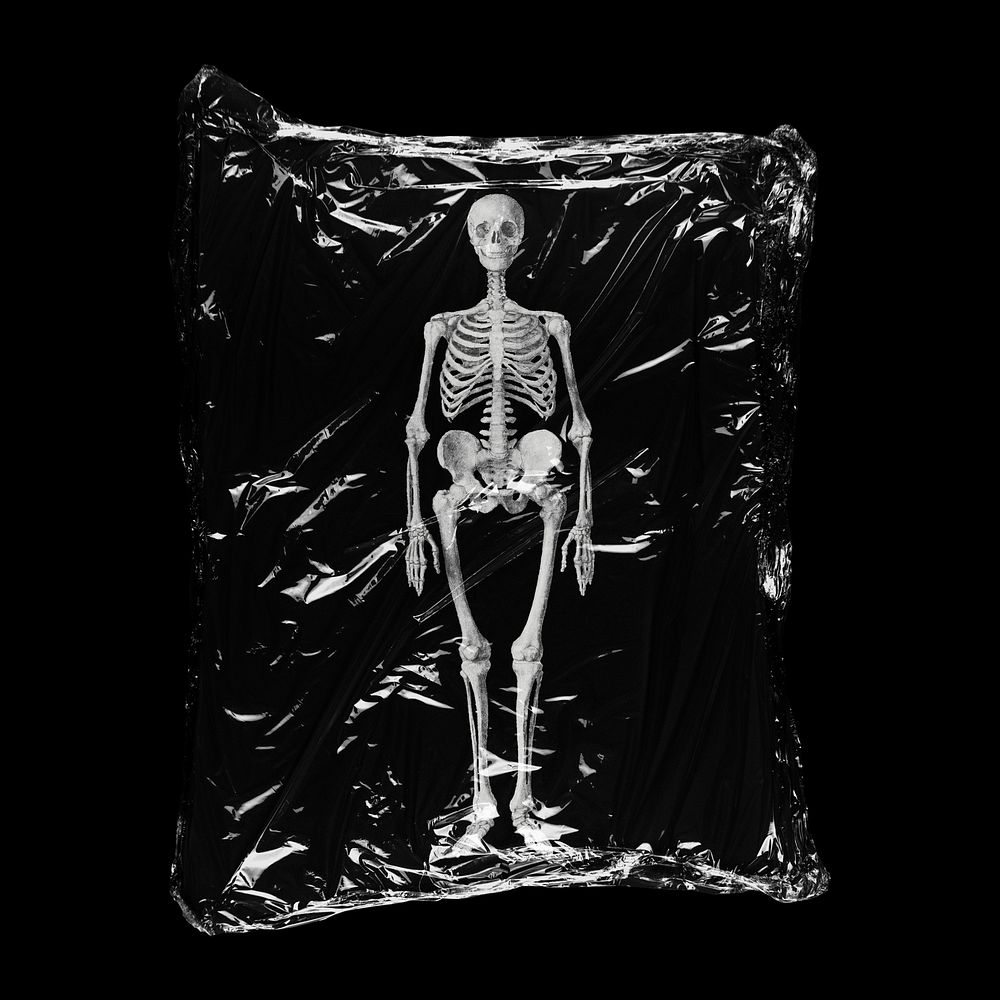 Human skeleton in plastic bag, medical creative concept art
