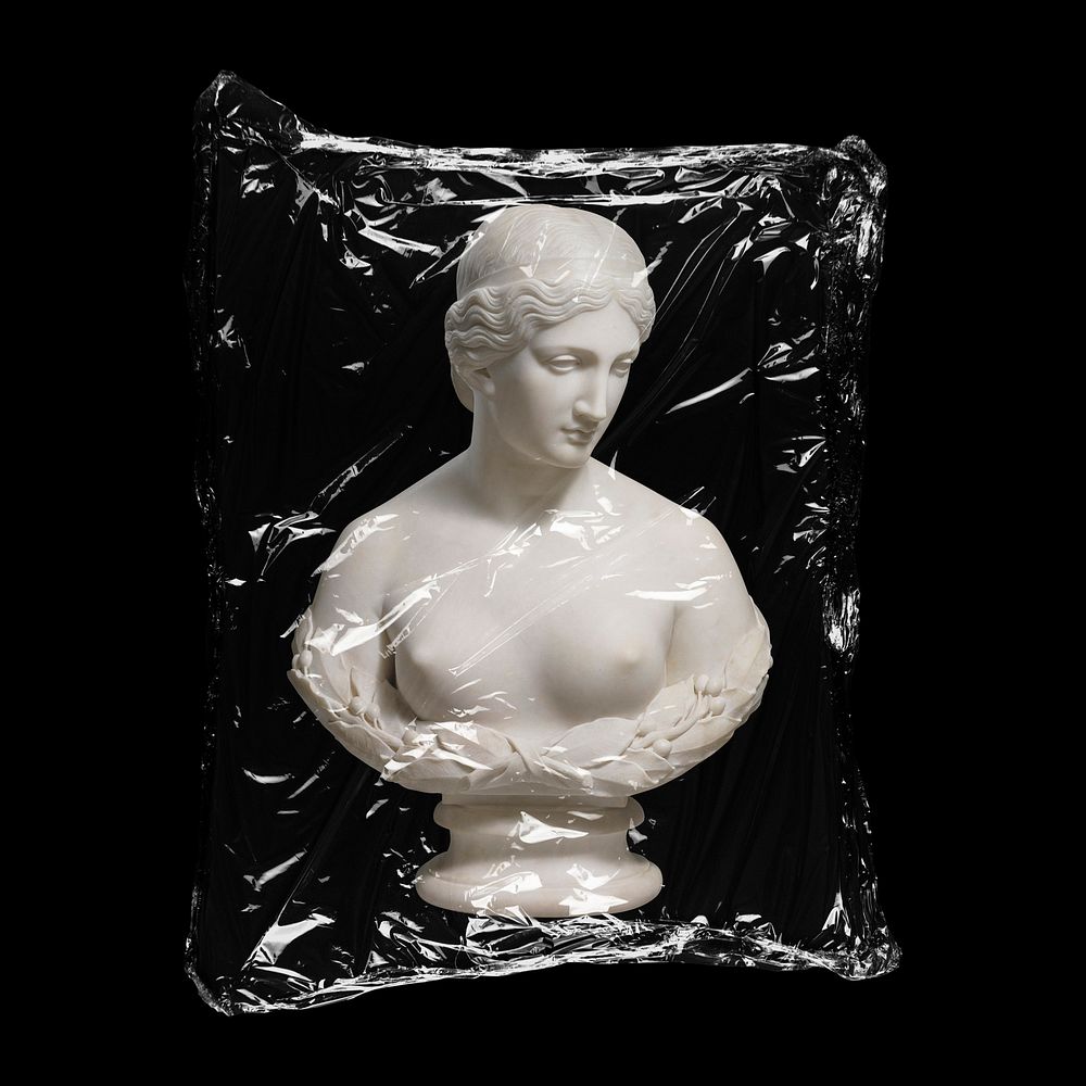 Nude Greek goddess statue in plastic bag, mythology creative concept art