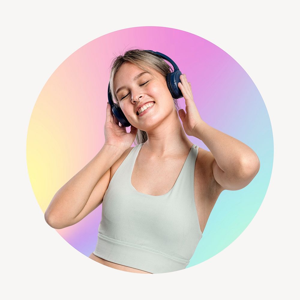 Happy woman listening to music, round badge clipart
