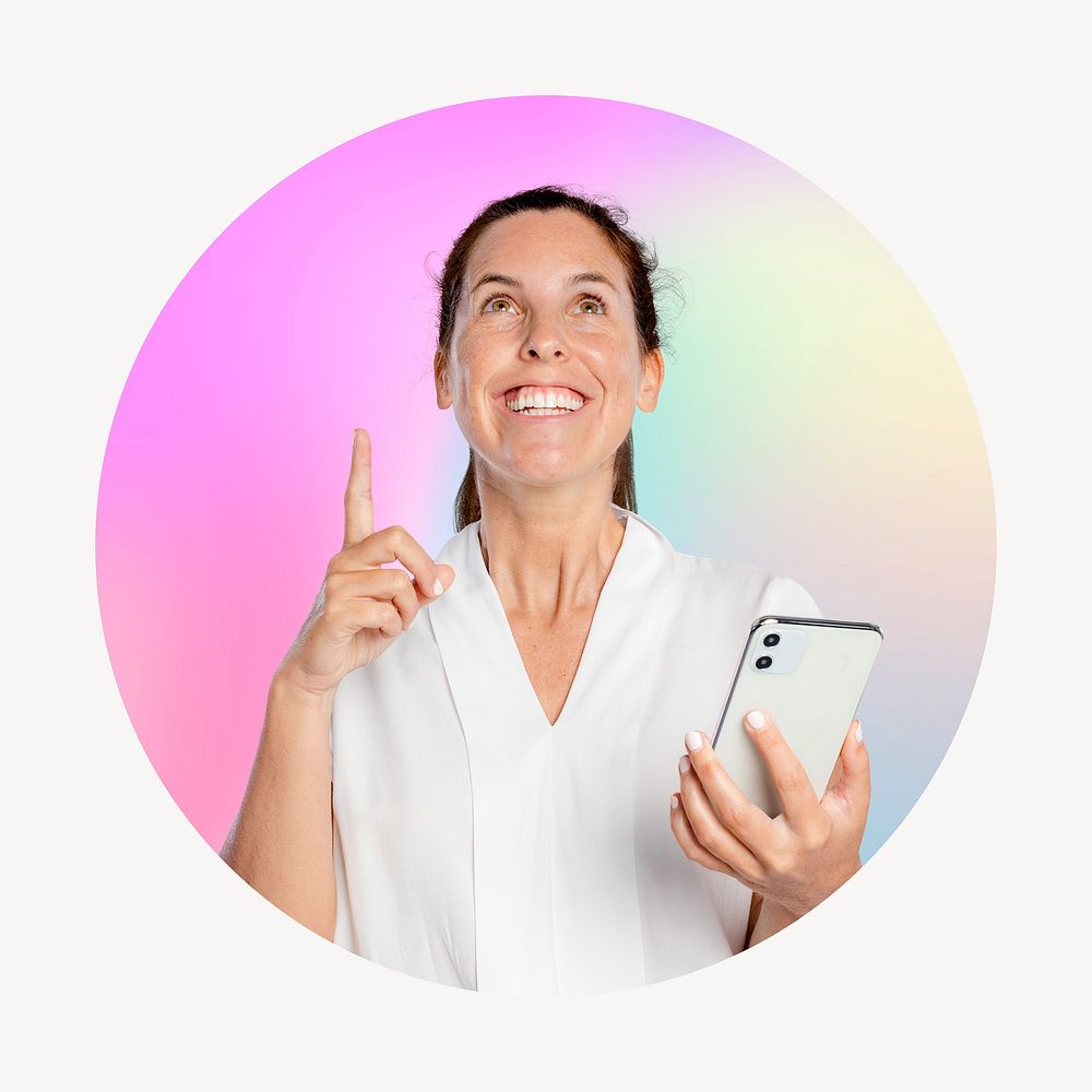Woman coming up with ideas carrying a phone, round badge clipart