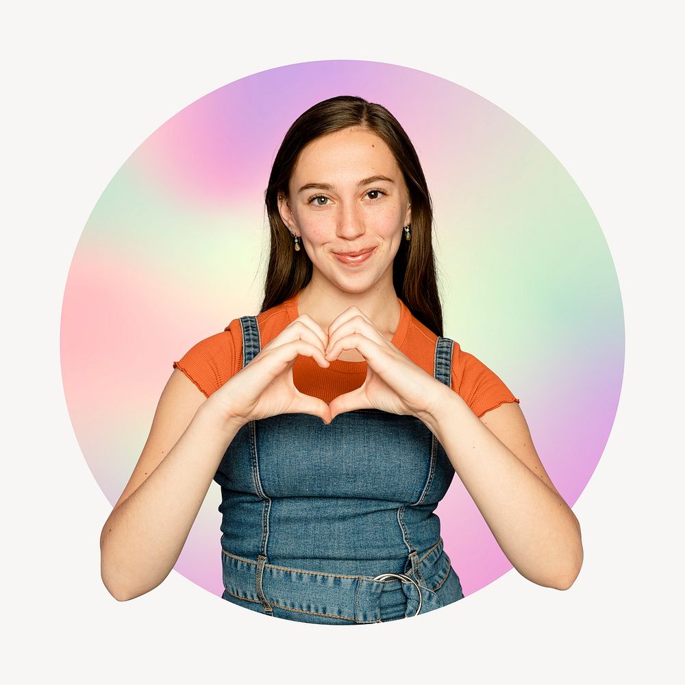 Woman doing a heart shape hand gesture, round badge clipart
