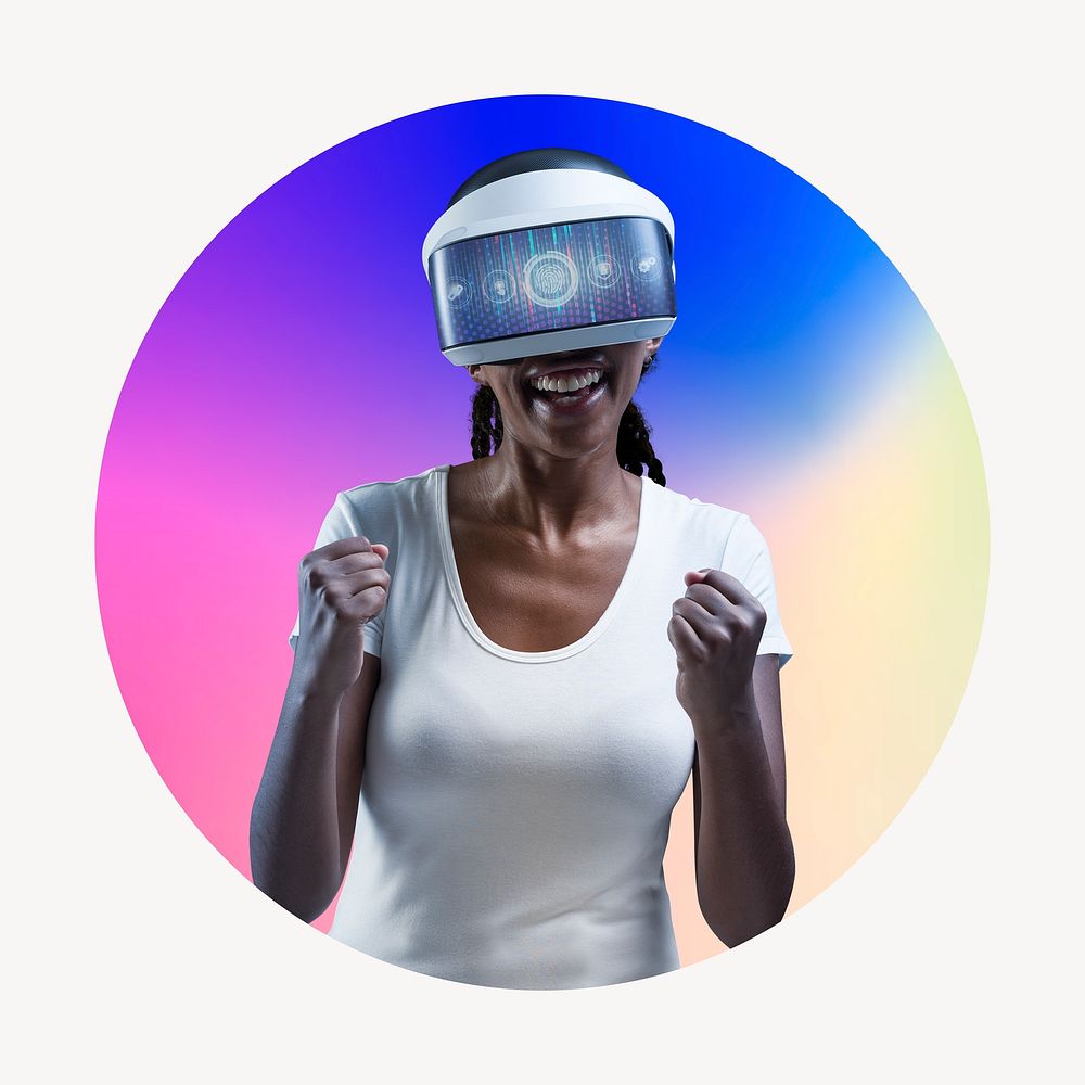 Woman wearing vr glass, metaverse concept, round badge clipart