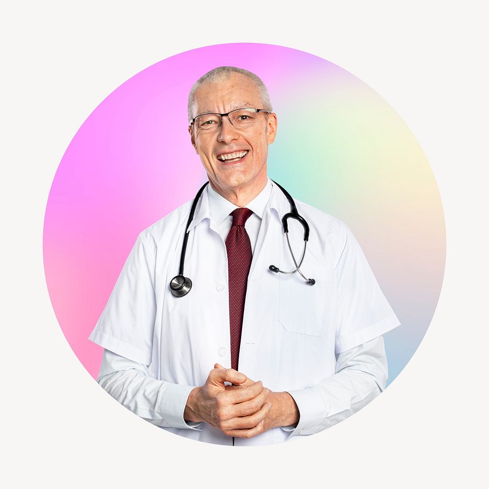 Male doctor with stethoscope, round badge clipart
