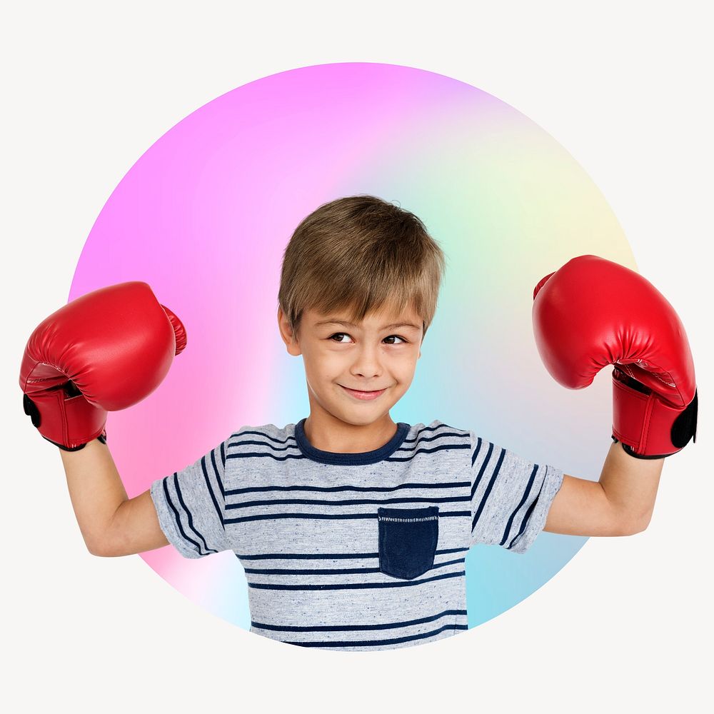 Boy wearing boxing glove, future athlete, round badge clipart