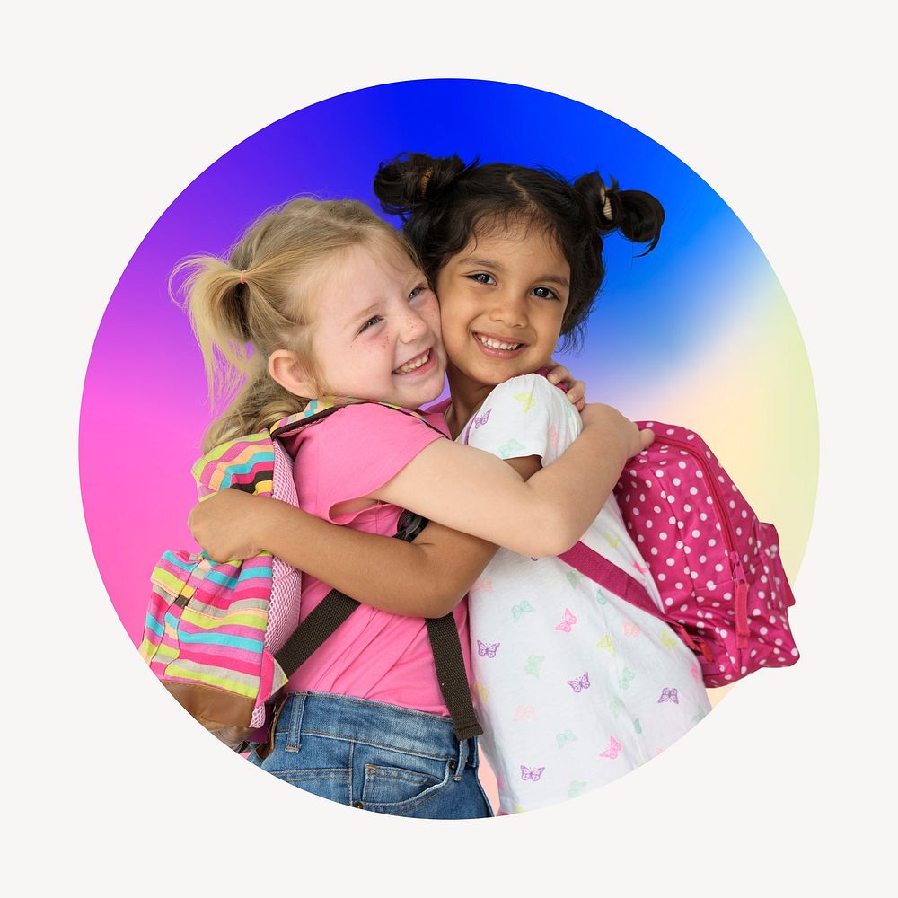 Happy little girls hugging each other, round badge clipart