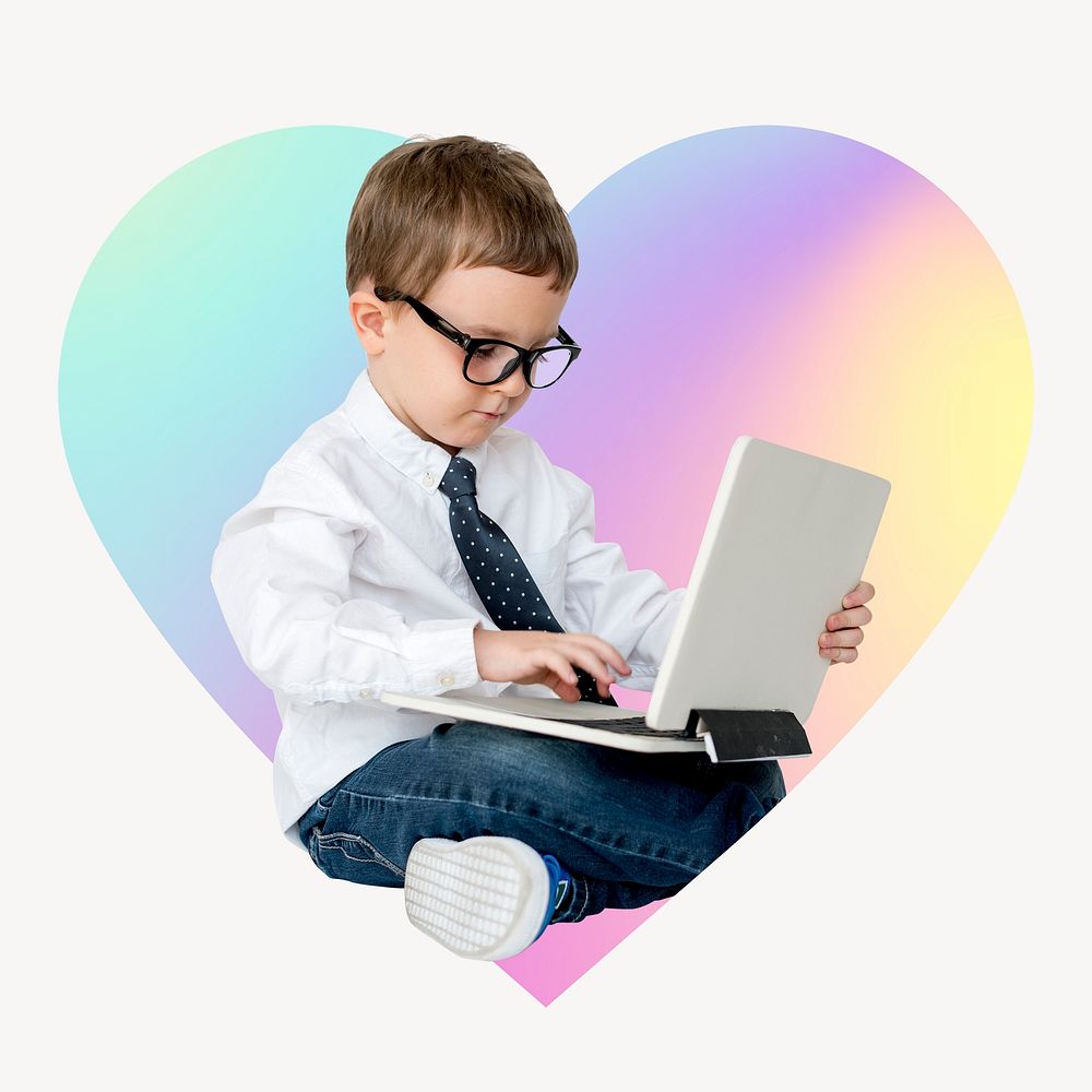 Boy using a laptop, heart badge design