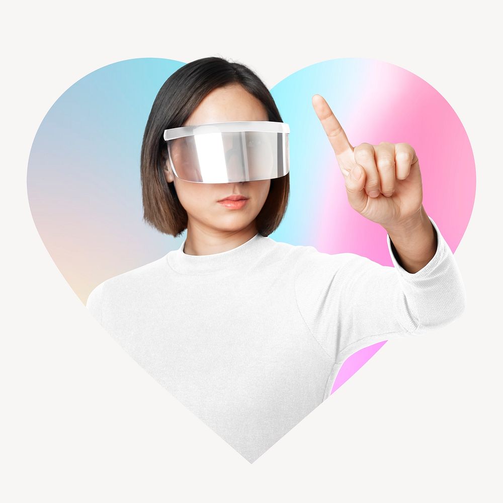 Woman wearing vr glass, metaverse concept, heart badge clipart
