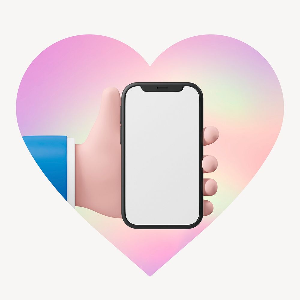 Hand displaying phone screen, heart badge clipart