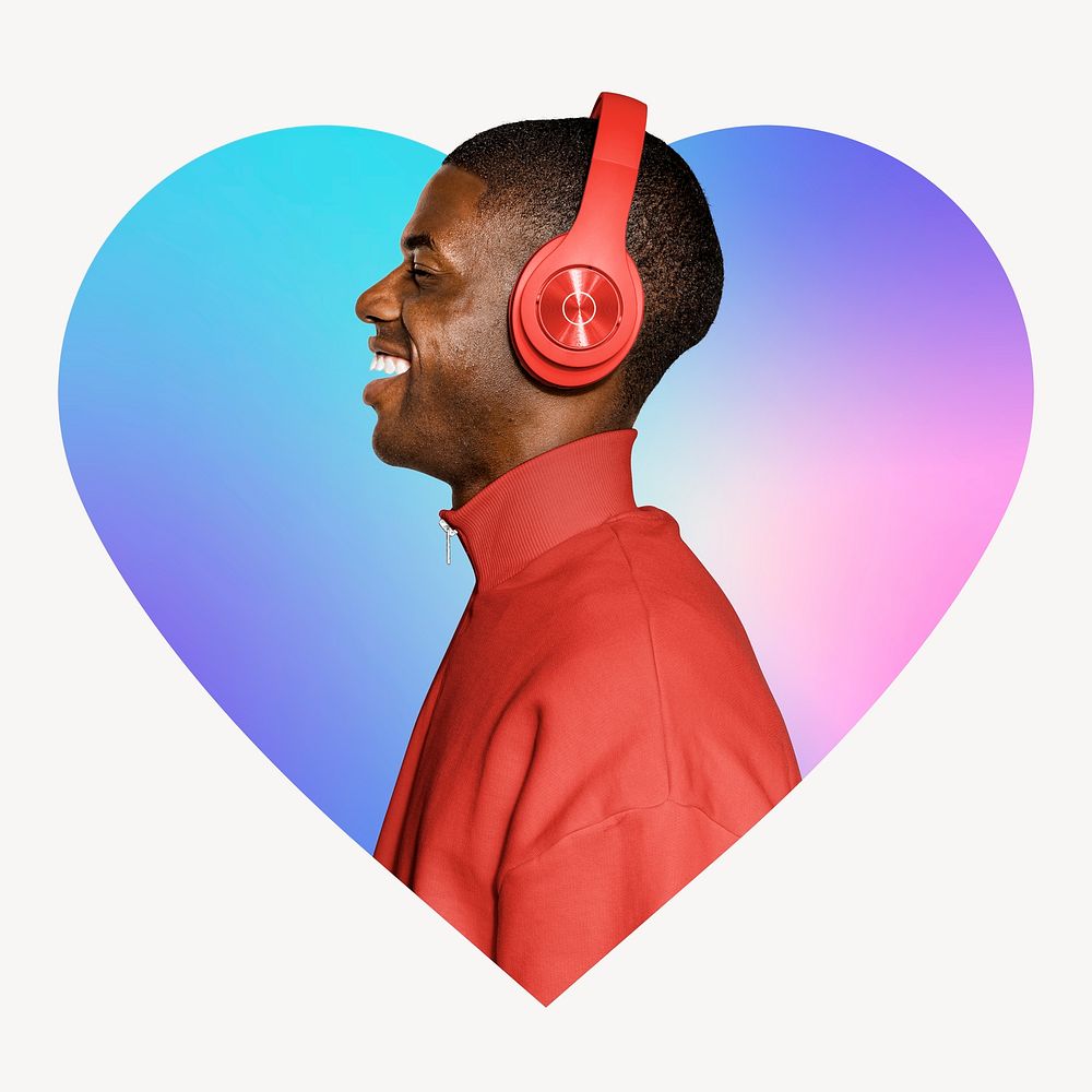Man wearing red headphone, heart badge design