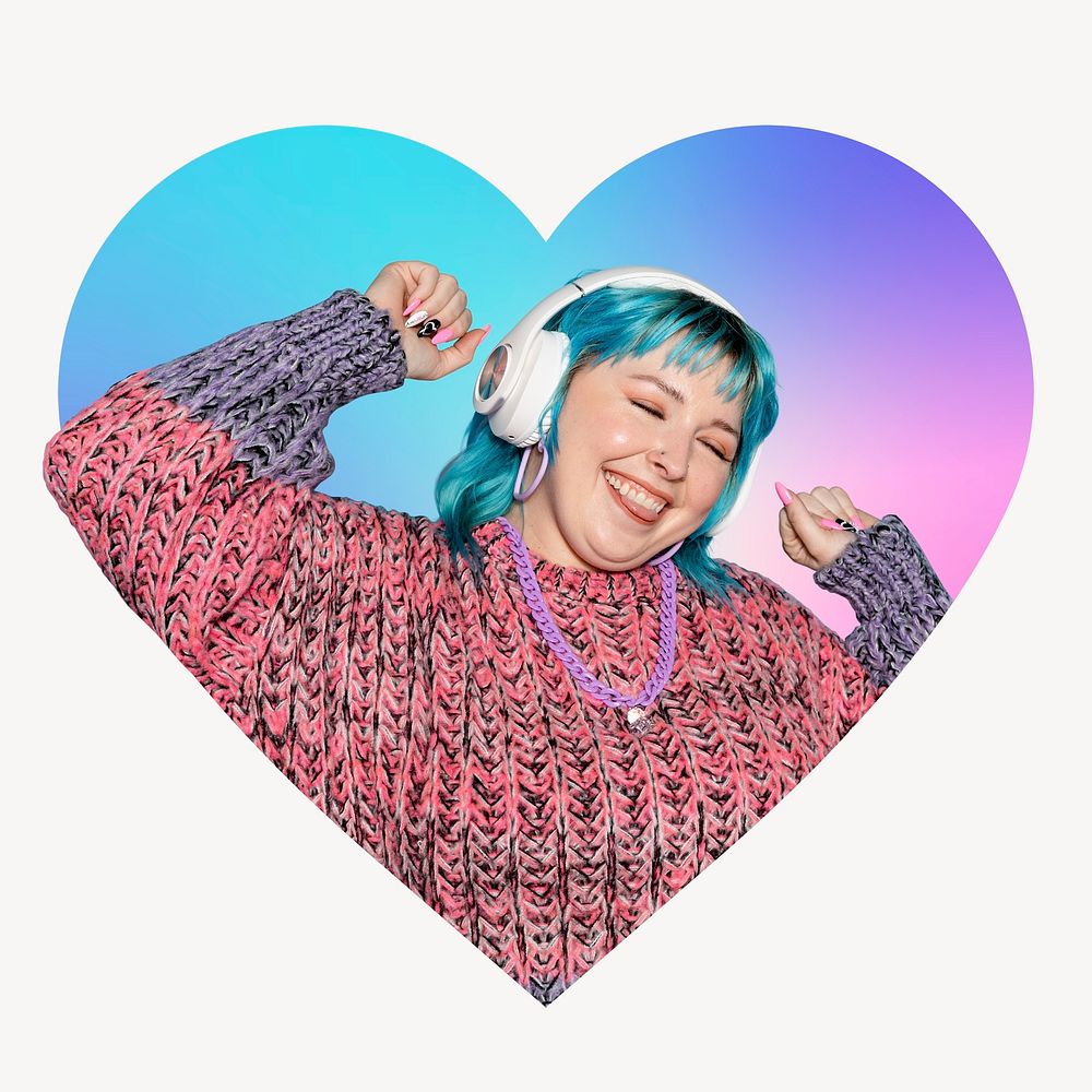 Woman listening to music with headphones, heart badge design