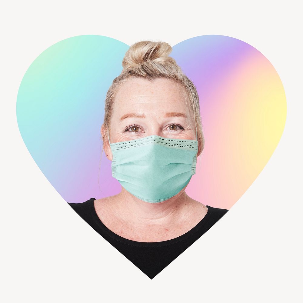 Woman wearing surgical mask, heart badge clipart