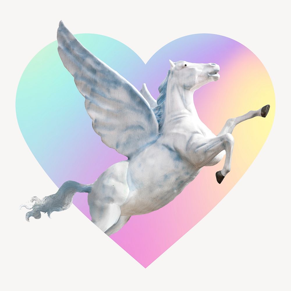 Pegasus on gradient background, heart badge clipart