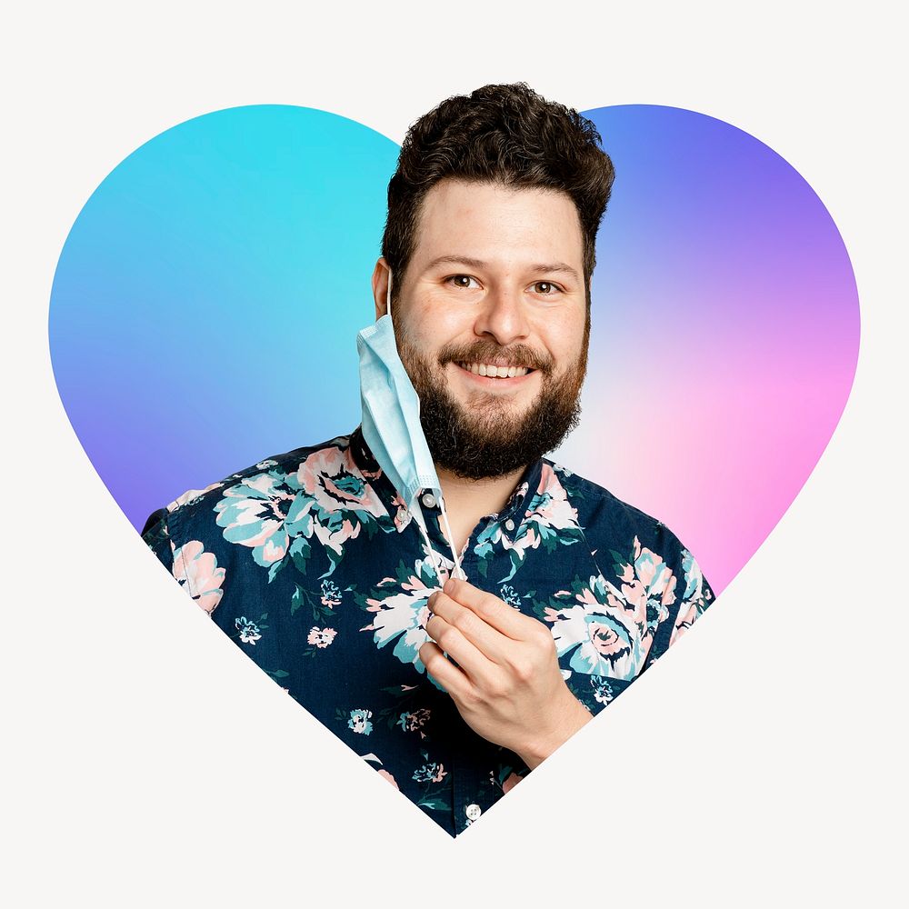 Man taking off mask, heart badge clipart