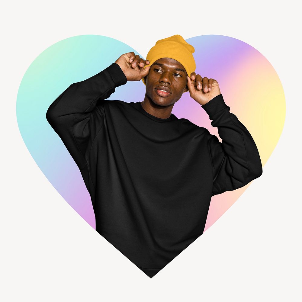 Fashionable black man wearing yellow beanie, heart badge clipart