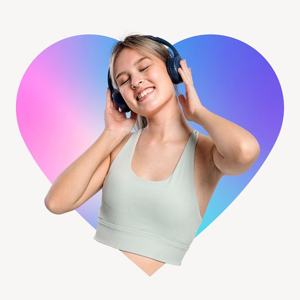 Woman listening to music on headphone, heart badge design