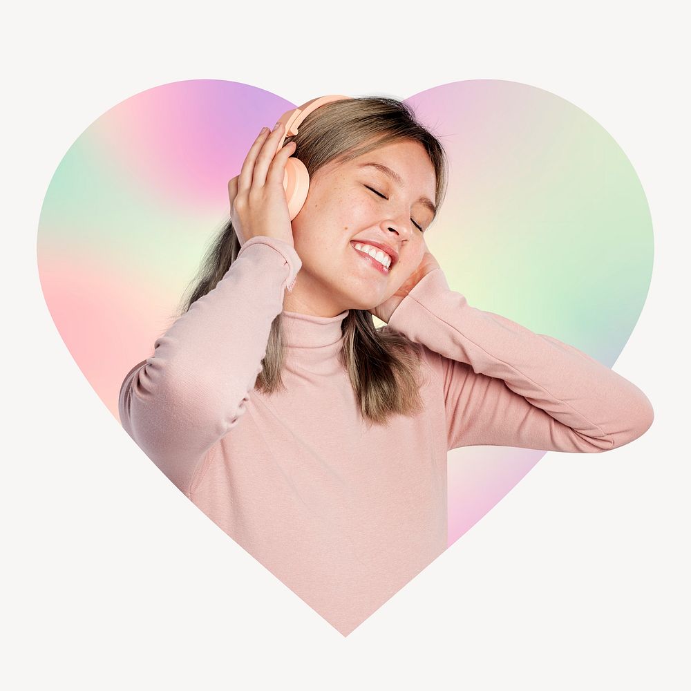 Happy woman listening to music, heart badge clipart