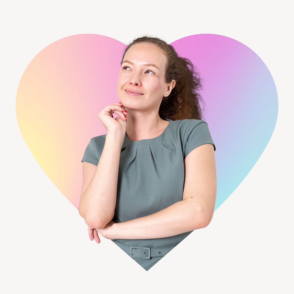 Woman deep in thought, heart badge clipart
