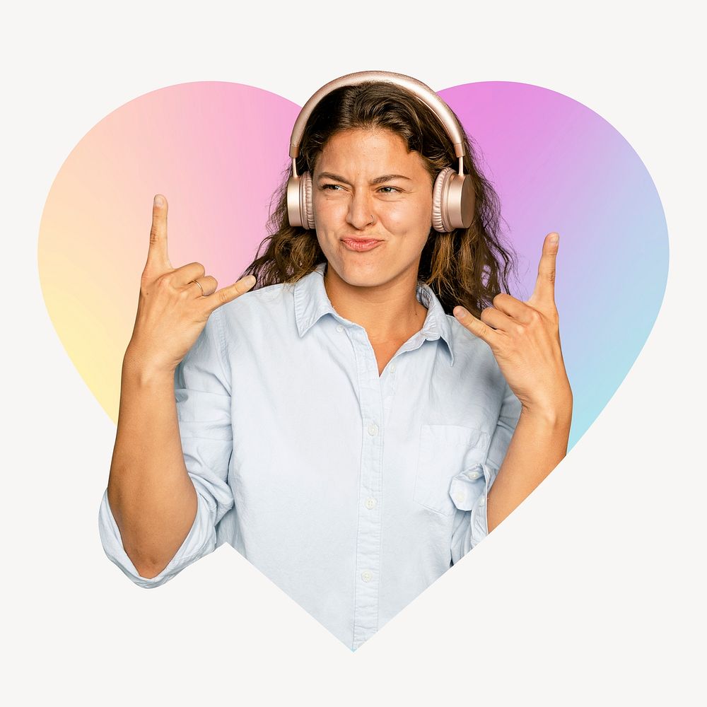 Cool woman listening to music, heart badge design