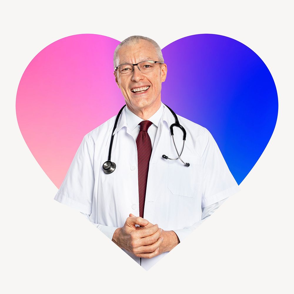 Male doctor with stethoscope, heart badge design
