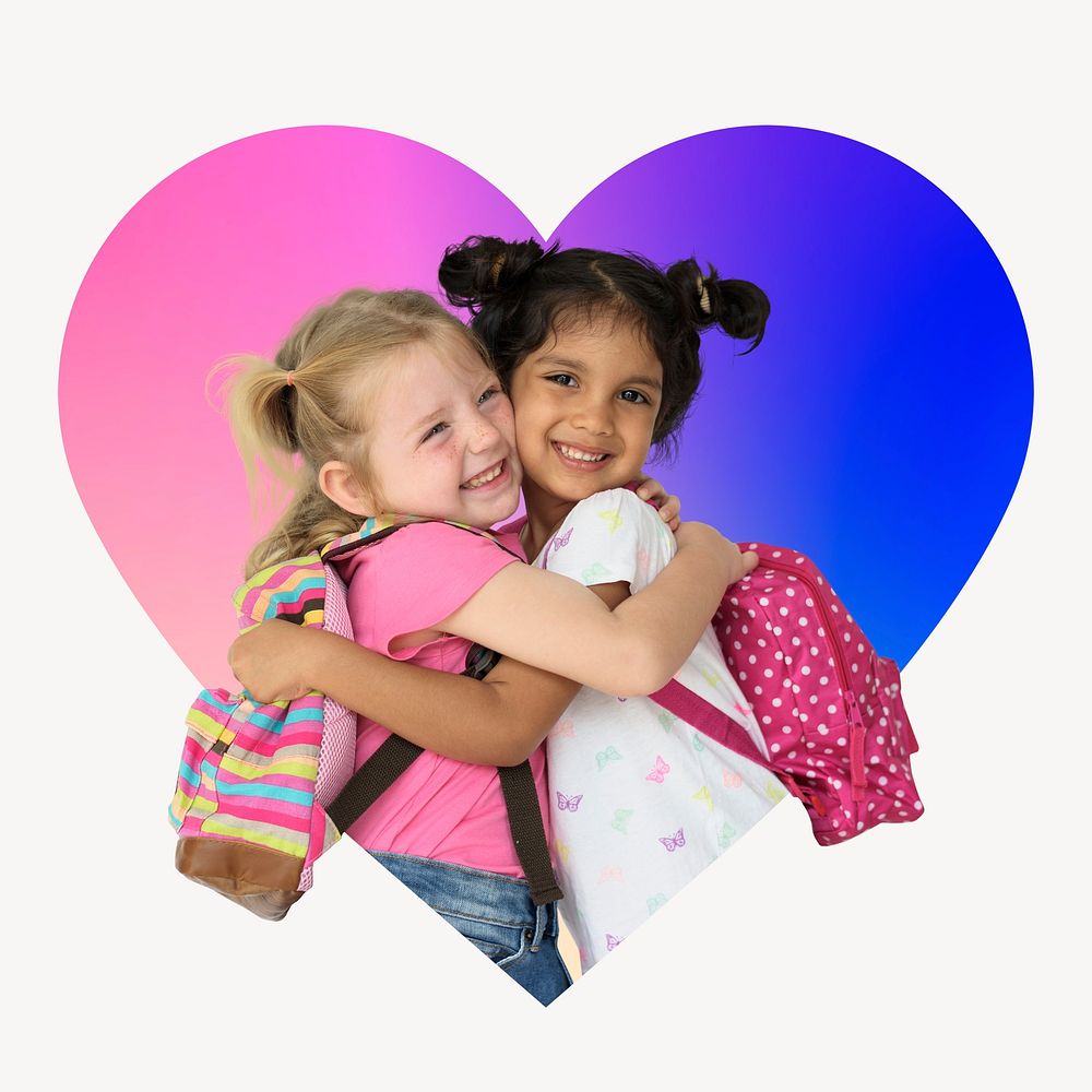 Happy little girls hugging each other, heart badge design