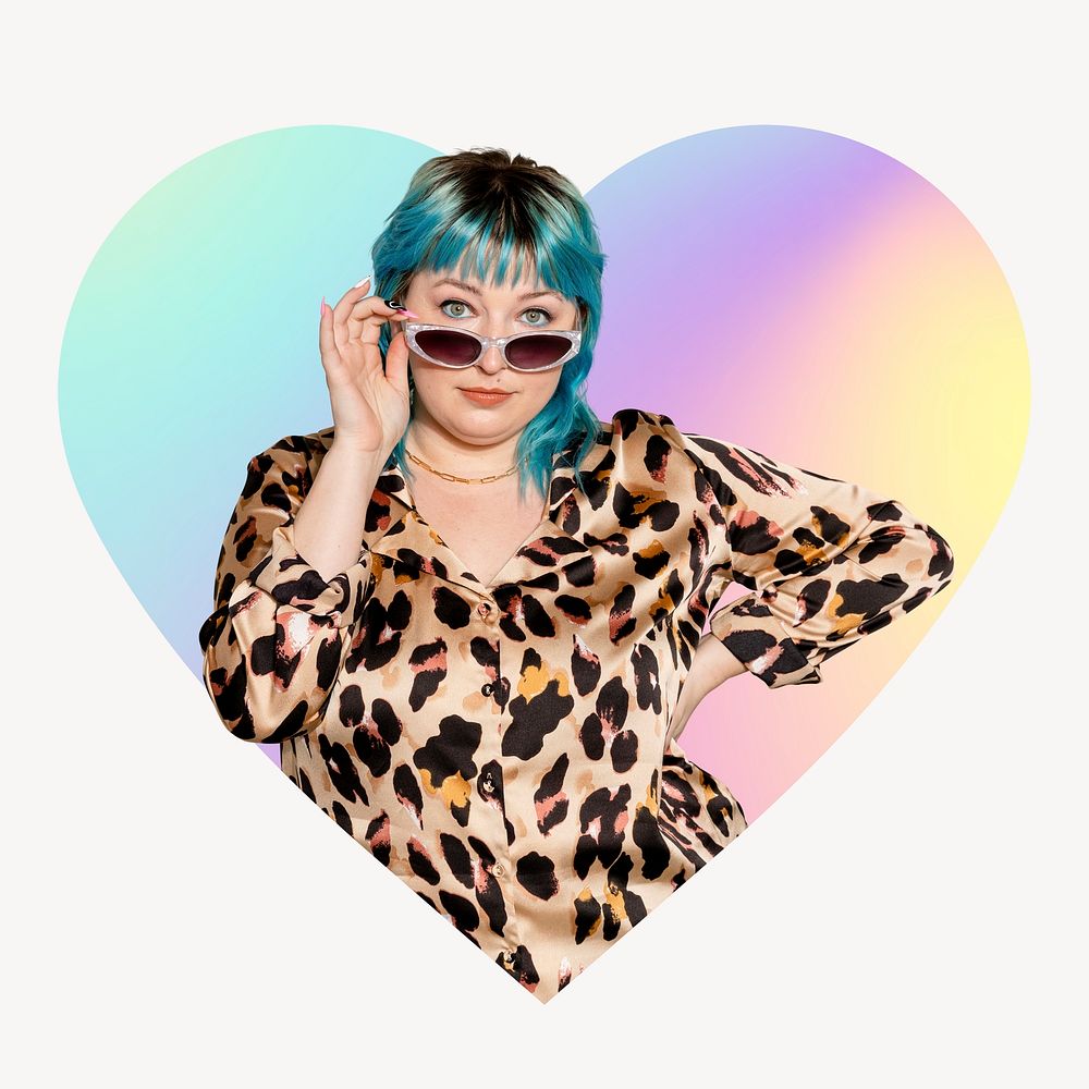 Fashionable woman wearing sunglasses, heart badge design