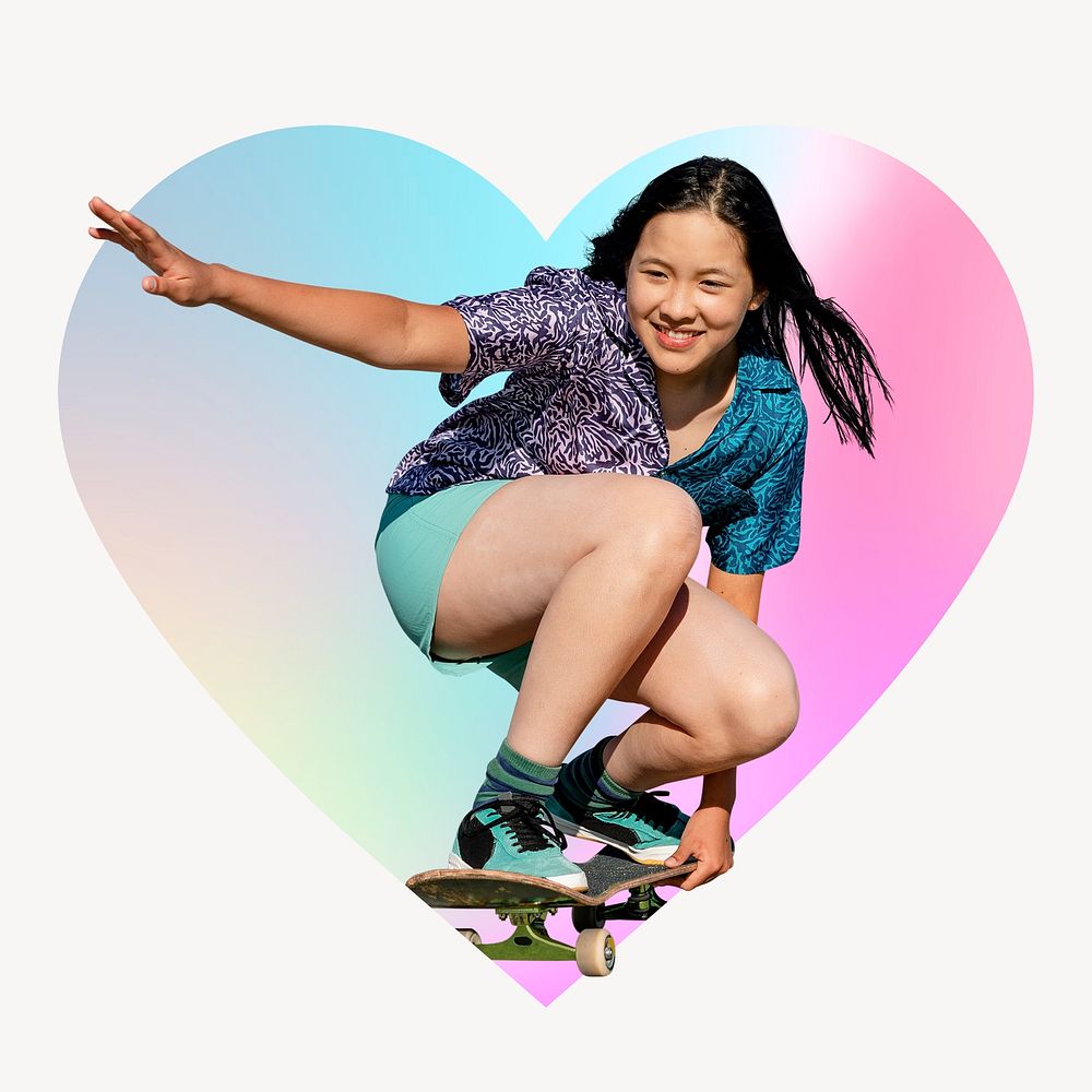 Young woman skateboarding, heart badge design