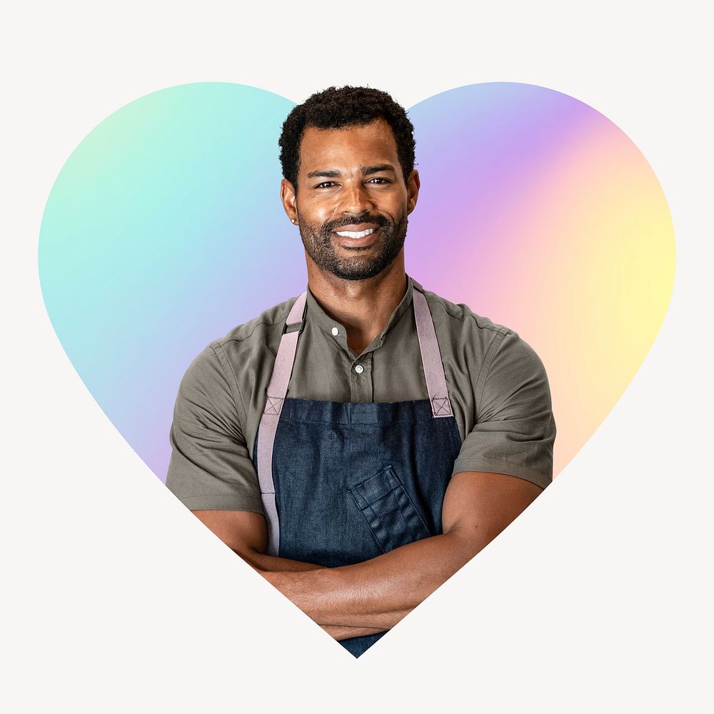 Happy entrepreneur wearing apron, heart badge design