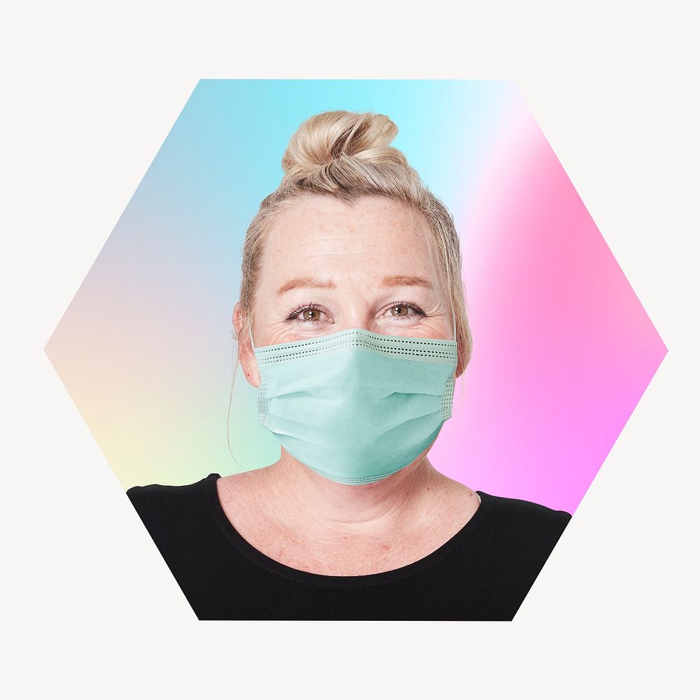 Woman wearing surgical mask, hexagon badge clipart