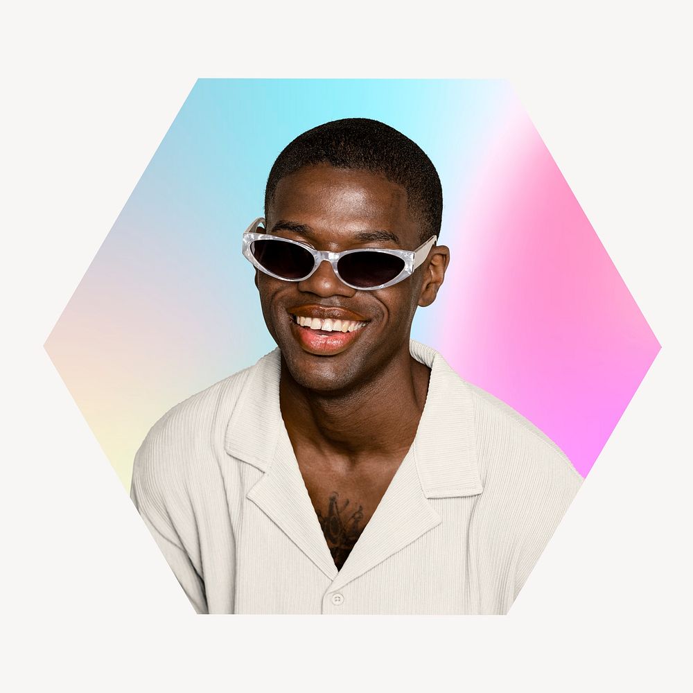 Man wearing sunglasses, hexagon badge clipart