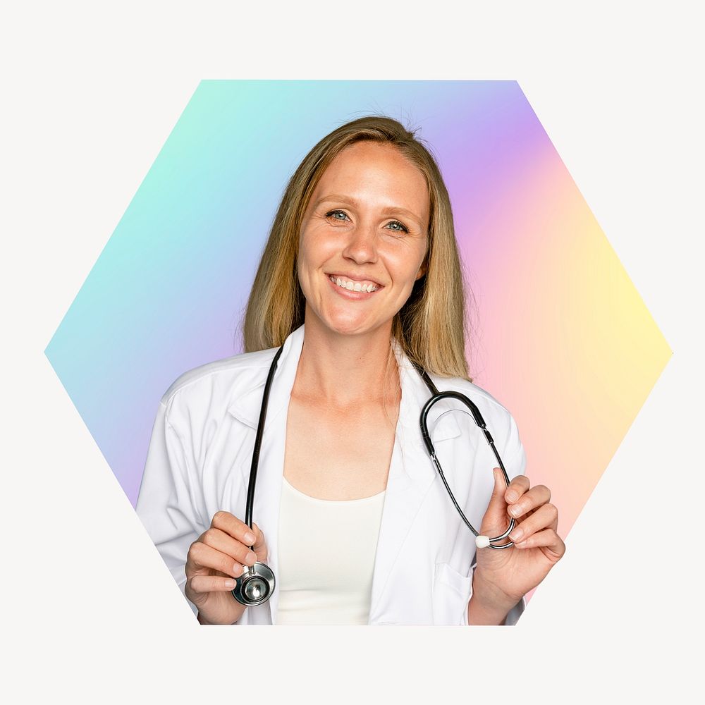 Female doctor with stethoscope, hexagon badge clipart