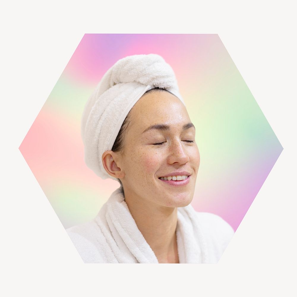 Relaxed woman at spa, hexagon badge clipart