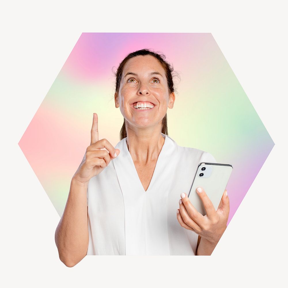 Woman coming up with ideas carrying a phone, hexagon badge clipart
