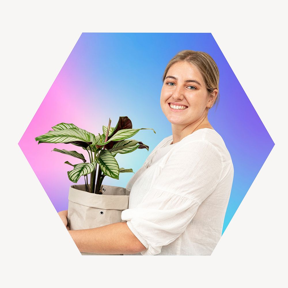 Woman carrying plant pot, hexagon badge clipart